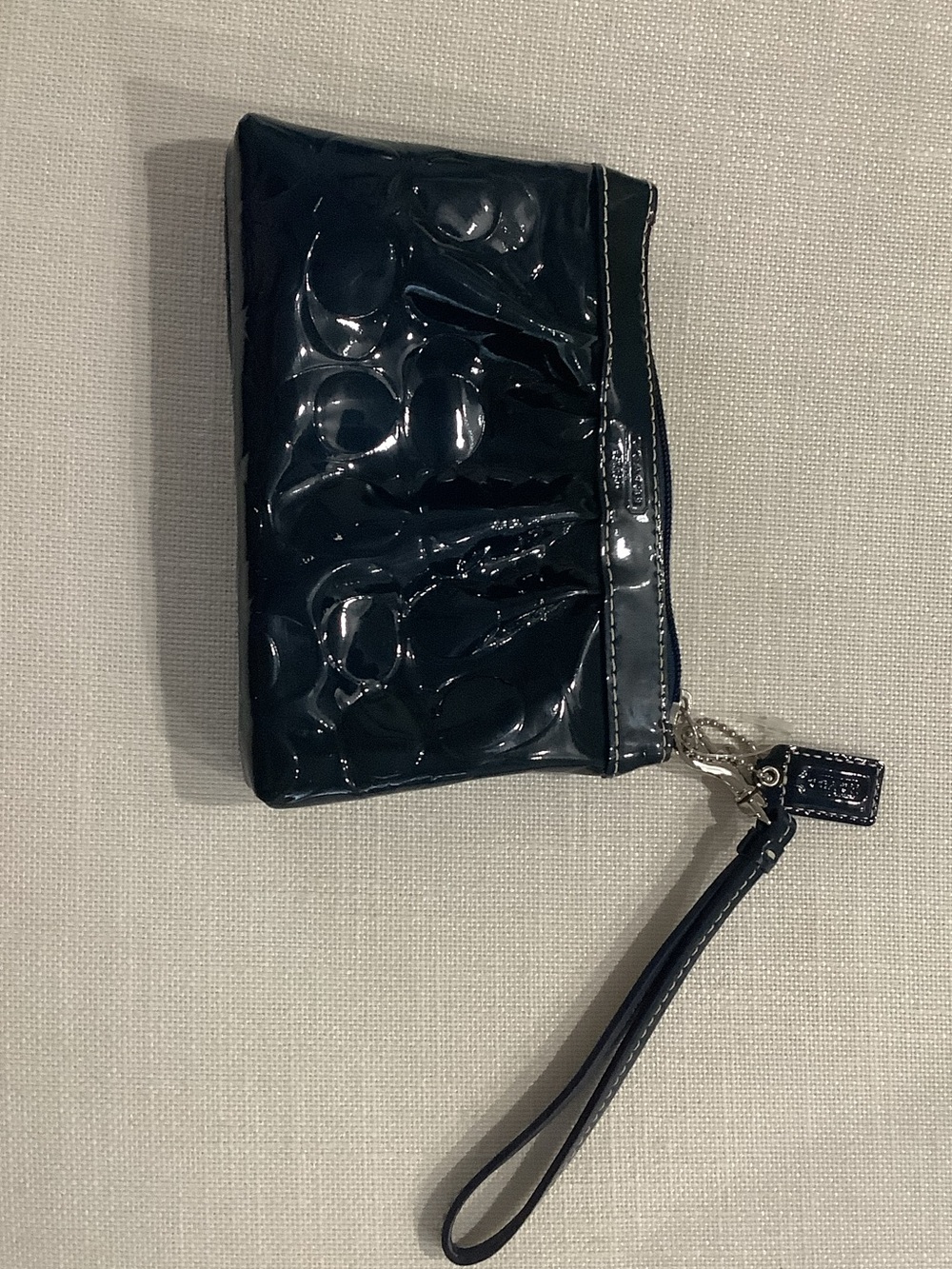 Coach Navy Patent Signature Wristlet Clutch Embossed C Logo